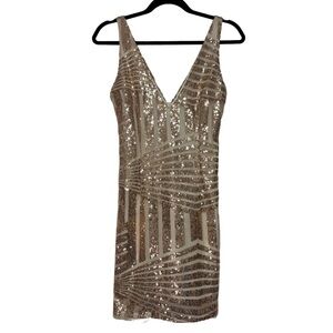 Ropalia Rose Gold Sparkly Sequin Deep V-neck Bodycon Mini Cocktail Dress Size S